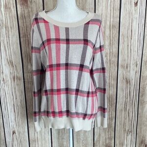 LOFT Plaid Sweater - Pink and Cream Size Large